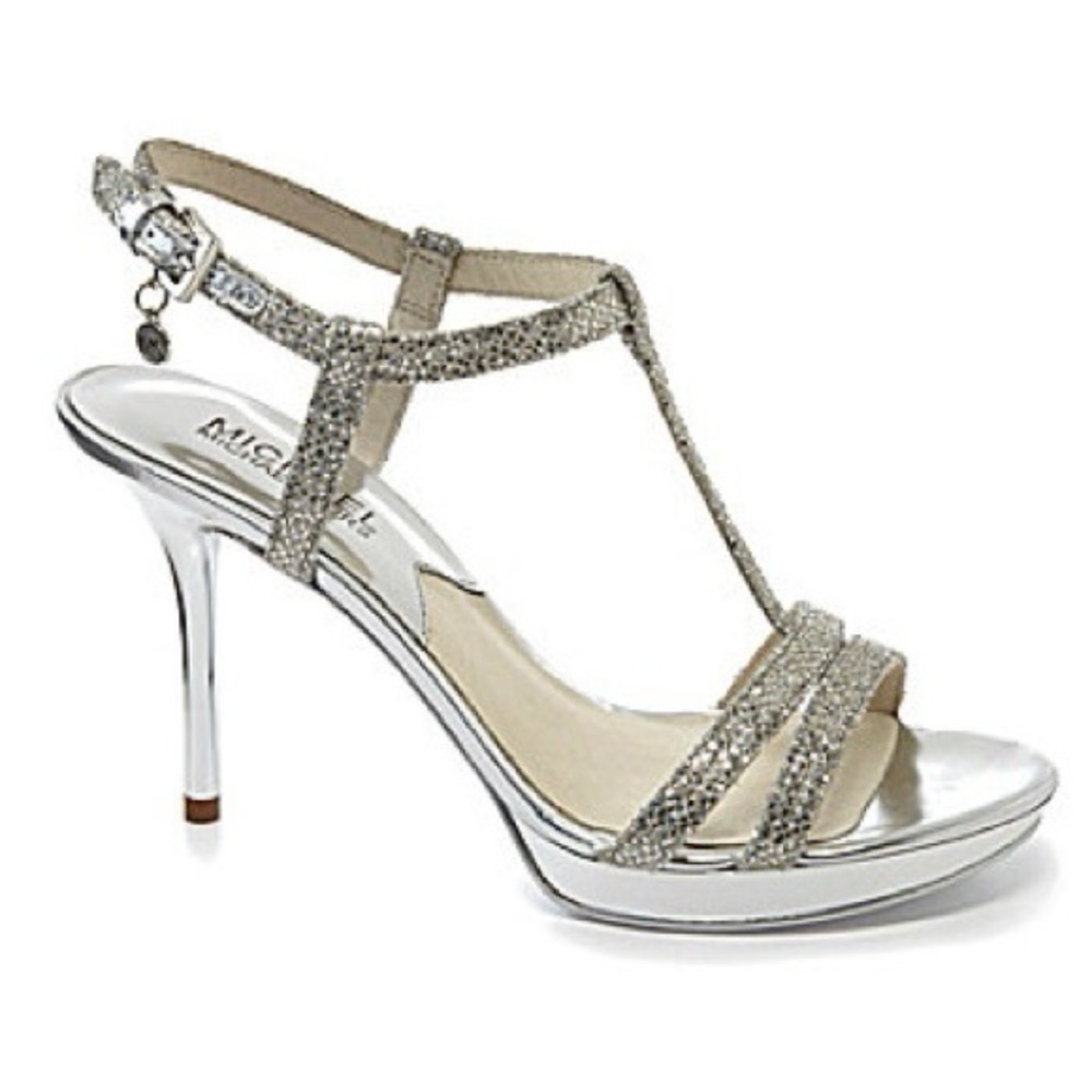 NEW in box Michael Kors, Yvonne platform, silver sparkle heel